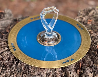 Vintage Blue Glass Tidbit Tray - Gold Trim Dessert Plate - Center Handle Serving Tray - Canape Dish - Mid Century Glassware