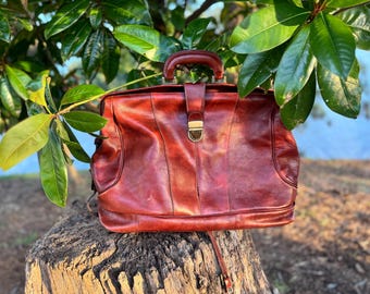Maletín vintage italiano de piel auténtica, bolso de mano para viaje, grande, marrón coñac, estilo I Ponti, bolso de médico, para trabajo y viajes.