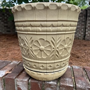 Vintage Lawnware Planter With Tray - Off White Floral Plastic Pot - Retro Patio Garden Decor - Made In USA - Mid Century Outdoor Planter