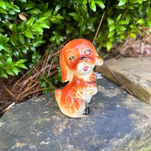 Vintage Ceramic Dog Figurine - Small Brown and White Puppy Statue - Retro Collectible Animal Decor - Mid Century Kitsch Gift