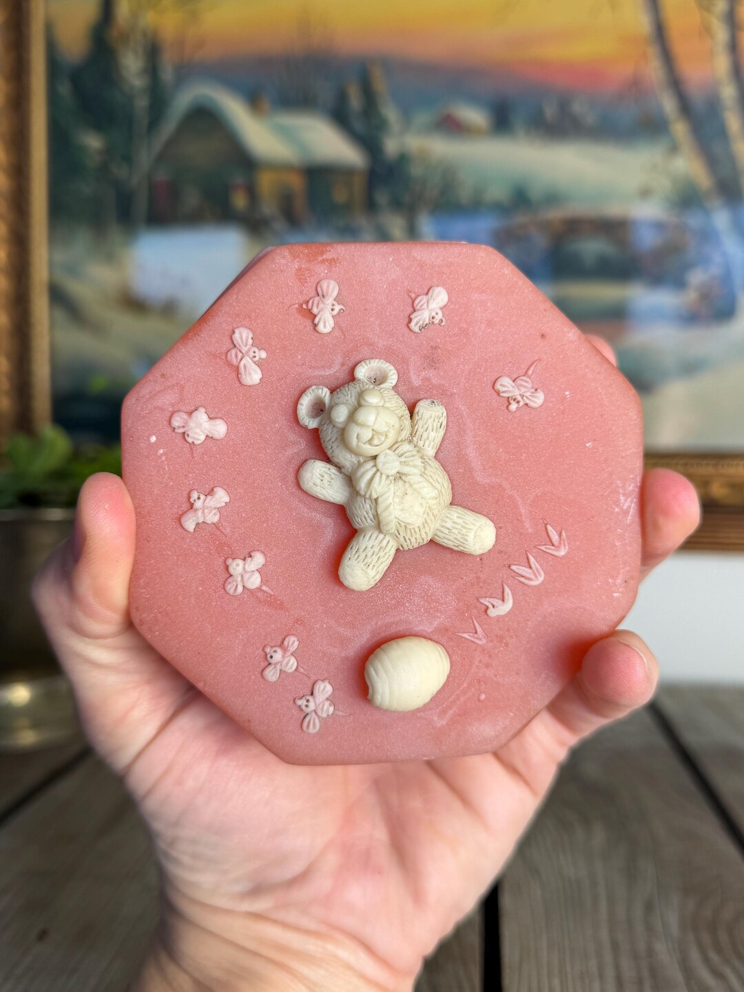 Pink Incolay Box Vintage Pink Incolay Stone Trinket Box - Cameo - Seashell - Teddy Bear ...