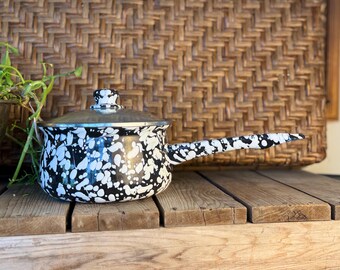 Golden Rabbit Enamelware Sauce Pan With Glass Lid - Black White Swirl - Vintage Enamel Pot - Small Saucepan Farmhouse Kitchen