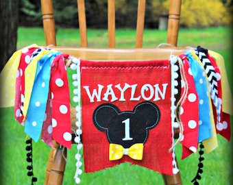 Mickey Mouse Birthday Decorations, High Chair, First Birthday Banner, Photo Prop, Backdrop, Mickey Clubhouse, Garland, Childrens Name Banner