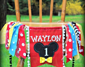 Mouse Birthday Highchair Banner, Summer High Chair Garland, Photo Prop, Backdrop, Personalized Clubhouse, Decoration, 1st