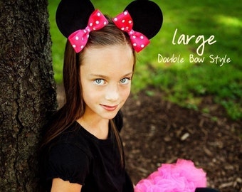 Minnie ears with bows on hair clips...Custom Sewn..double bow style...size large