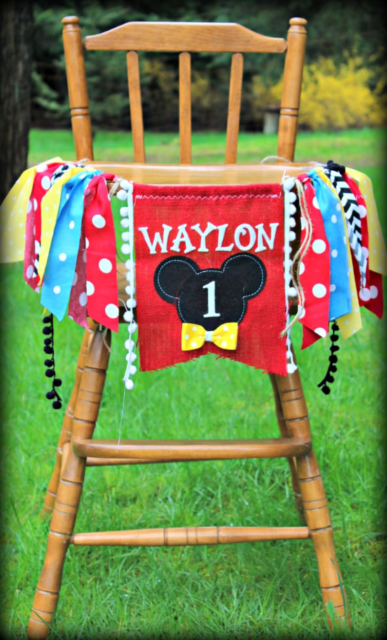 Vintage Mickey Personalized Birthday Banner High Chair Backdrop Photo Prop Mickey Mouse Birthday Banner 1st Birthday decor