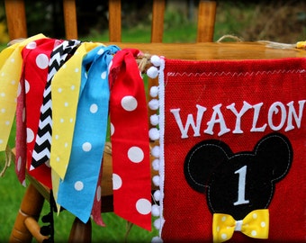 Mickey Mouse Birthday Decorations // First Birthday Banner // Clubhouse // Garland Childrens Name Banner // High Chair Backdrop