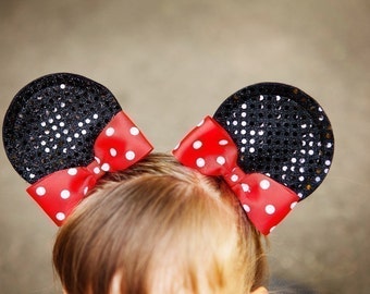 Mouse Ear Hair Clips...With Bows...Sequin Glamour Mouse Headband...Size Small...You Pick Bow Color...Small, Large Available