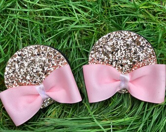 ROSE GOLD Minnie Mouse Ear Hair Clips with bows, Christmas Custom Sewn, Pink and Gold Minnie Mouse Headband, Minnie Bow