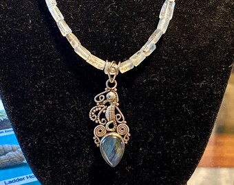 Sterling Silver Seahorse Labradorite Pendant & Raw Aquamarine Barrel Bead Necklace