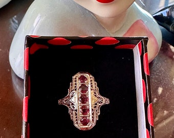 Antique Estate Art Deco Genuine Rubies 14K Solid White Gold Filigree Elongated Flapper Cocktail Ring US 8 1/4