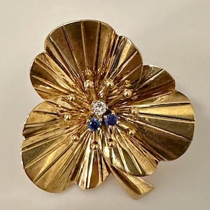 Rare Mid 20th Century Tiffany & Co 14K Solid Yellow Gold Genuine Diamond Sapphire Clover Flower Brooch Clip Pin Circa 1950s