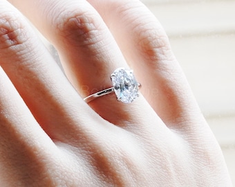 Bague diamant de fiançailles ovale, bague de promesse en platine, imitation diamant argenté, bague solitaire, pierre rectangulaire, alliance, cadeau pour elle
