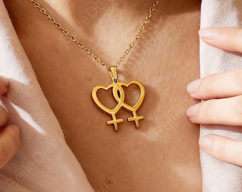 Lesbian Pride Necklace, Double Venus Necklace, Lesbian Gender Pendant, Gold Lesbian Jewelry Christmas Gift For Her, Wedding Lesbian Necklace