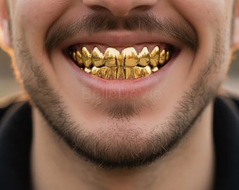 Zestaw złotych grilli Iced Out, zęby hip-hopowe z miedzi platerowanej 18-karatowym złotem, 8 górnych i 8 dolnych błyszczących grilli, biżuteria raperów