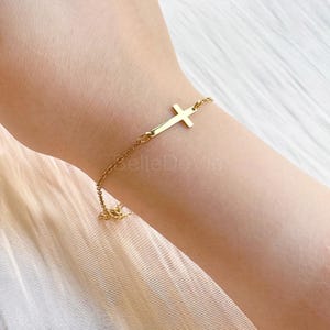 Sideways Cross Bracelet, Dainty Gold Cross Bracelet, Gift for Her, Tiny Cross Bracelet, Confirmation Gift, Baptism Gift, Minimalist Bracelet