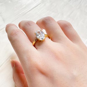 Oval Engagement Diamond Ring, Platinum Promise Ring, Gold Simulated Diamond, Solitaire Ring, Rectangle Stone, Wedding Ring, Gift for Her