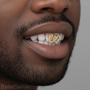 Iced Out Double Heart Copper Tooth Grillz with Zircon Inlay, Hip Hop Teeth Cap, Bling Tooth Jewelry, Trendy Dental Accessory