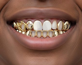 Hip Hop 14K Vergoldetes Grillz 3-Teiliges Set Planet Herz Design Iced Out Zähne Schmuck Trendy Rapper Style Bling Accessoires für Männer & Frauen