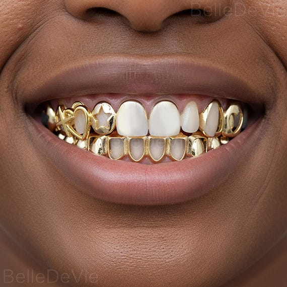 3-Piece 14K Gold Plated Hip Hop Teeth Grillz - CZ Diamond Fangs, Adjustable Silicone Molding Bars For Parties & Photos