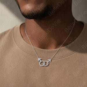 Può includere: Una collana color argento con due simboli di genere maschile intrecciati. Il ciondolo è sospeso a una sottile e delicata catenina argentata. Il design è composto da due cerchi con frecce rivolte verso l'alto e verso destra, collegati al centro.