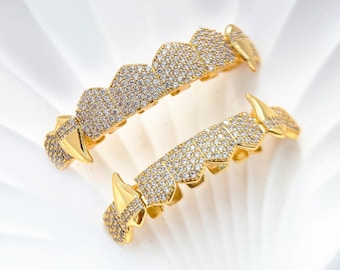 Iced Out Grillz Gold Plated Zircon Hip Hop Teeth, Solitaire Halo Set 925 Sterling Silver Bling Diamond Halloween Vampire Fang Hip Hop CZ