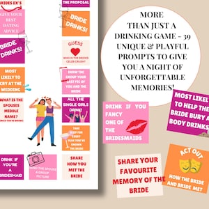 K&ouml;nnte beinhalten: Ein druckbares Brautparty-Spiel mit rosa, orangefarbenen und gelben Karten. Die Karten enthalten Aufforderungen f&uuml;r ein Trinkspiel mit S&auml;tzen wie "Bride Drinks!" und "Most Likely to Cry at the Wedding".