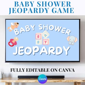 baby shower jeopardy games for childrens editable powerpoint template cute game for pregnancy announcement activity blue baby shower quiz