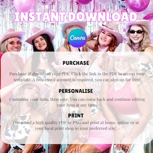 K&ouml;nnte beinhalten: Ein wei&szlig;er Textkasten mit den Worten "INSTANT DOWNLOAD" in rosa Schrift. Der Textkasten befindet sich &uuml;ber einem Foto von vier Frauen, die Cowboyh&uuml;te und rosa Kleidung tragen. Der Textkasten enth&auml;lt Anweisungen zum Kauf, zur Personalisierung und zum Drucken einer digitalen Vorlage. Der Textkasten enth&auml;lt auch das Canva-Logo.