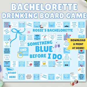 Könnte beinhalten: Ein blaues und weißes druckbares Trinkspiel-Brett für einen Junggesellinnenabschied mit dem Text "Something Blue Before I Do" und "Rosie's Bachelorette". Das Brett hat ein Raster mit verschiedenen Trinkspiel-Anweisungen.