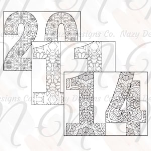 Op de afbeelding: Zwart-witte kleurplaat met de cijfers 2014 met ingewikkelde mandala-ontwerpen in elk cijfer.