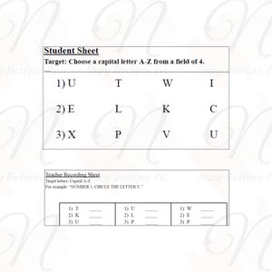 Evaluación de identificación receptiva de letras, campo de 4 letras mayúsculas, 2 descargas Copia para estudiantes y grabación para el maestro