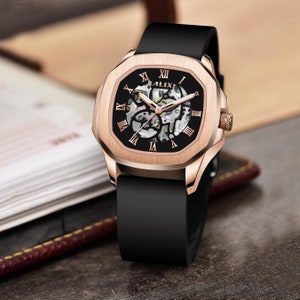 ALIX AL2901 automatic black skeleton dial with silicon strap watch for men and women