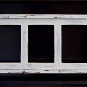 May include: White wooden picture frame with three openings. The frame has a distressed, weathered look.