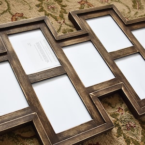 May include: Two wooden multi-photo frames with a dark brown finish. Each frame has multiple rectangular openings with white backing. The frames are arranged in a zig-zag pattern. The text "MOUNTAIN RIVER IMAGES" is visible in one frame.