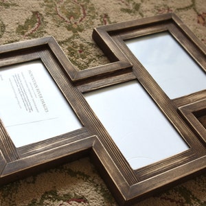 May include: A multi-photo wooden picture frame with a dark brown finish. The frame is designed to hold three photos and features the text "MOUNTAIN RIVER IMAGES". The frame is made of wood and has a rustic appearance.