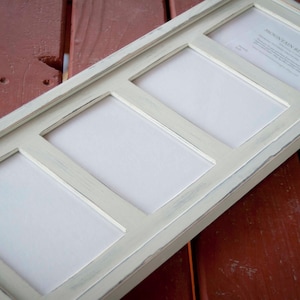 May include: White picture frame with five openings for photos. The frame has a distressed white finish and a simple design. The text "Mountain River Images" is printed on the frame.