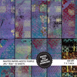 May include: Ten digital paper sheets with a purple, green, and yellow abstract design. The papers are 7 inches by 7 inches and 300 DPI.  The text "PAINTED PAPERS-MOSTLY PURPLE JPG * RGB * 10 SHEETS" is at the bottom of the image.
