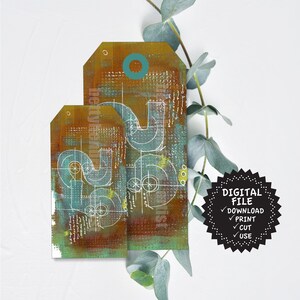 May include: Two digital printable gift tags with a rusty brown, teal, and white geometric design. The text "DIGITAL FILE" is on a black circle with white text. The text below the circle says "DOWNLOAD, PRINT, CUT, USE".