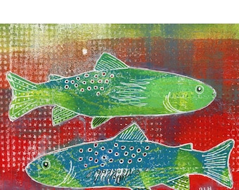 May include: Two stylized green and blue fish on a red, green, and yellow background. The fish are outlined in white and have black details. The background is textured and has a grid pattern.