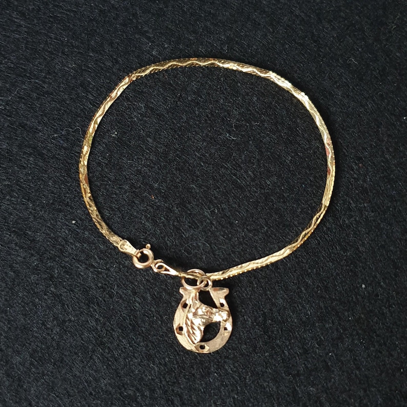 One-of-a-Kind Vintage Italian 10K Solid Gold Horseshoe Charm Herringbone Chain Bracelet image 1