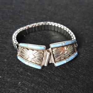 Vintage 1960s Navajo Turquoise Inlay Sterling Silver & Stainless-Steel Watch Band