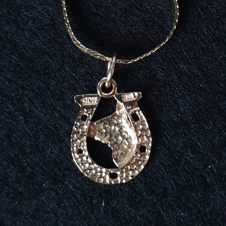 May include: A gold-toned necklace featuring a horseshoe-shaped pendant with a textured surface and a cutout silhouette of a horse head in the centre. The pendant hangs from a thin, delicate gold-toned chain, showcasing a metallic finish.