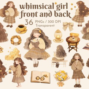 Può includere: Illustrazioni digitali con un tema di ragazza stravagante. Le illustrazioni includono una ragazza che legge, una tazza di caffè, una lanterna e un mazzo di fiori gialli. Il testo "whimsical girl front and back" è visualizzato.