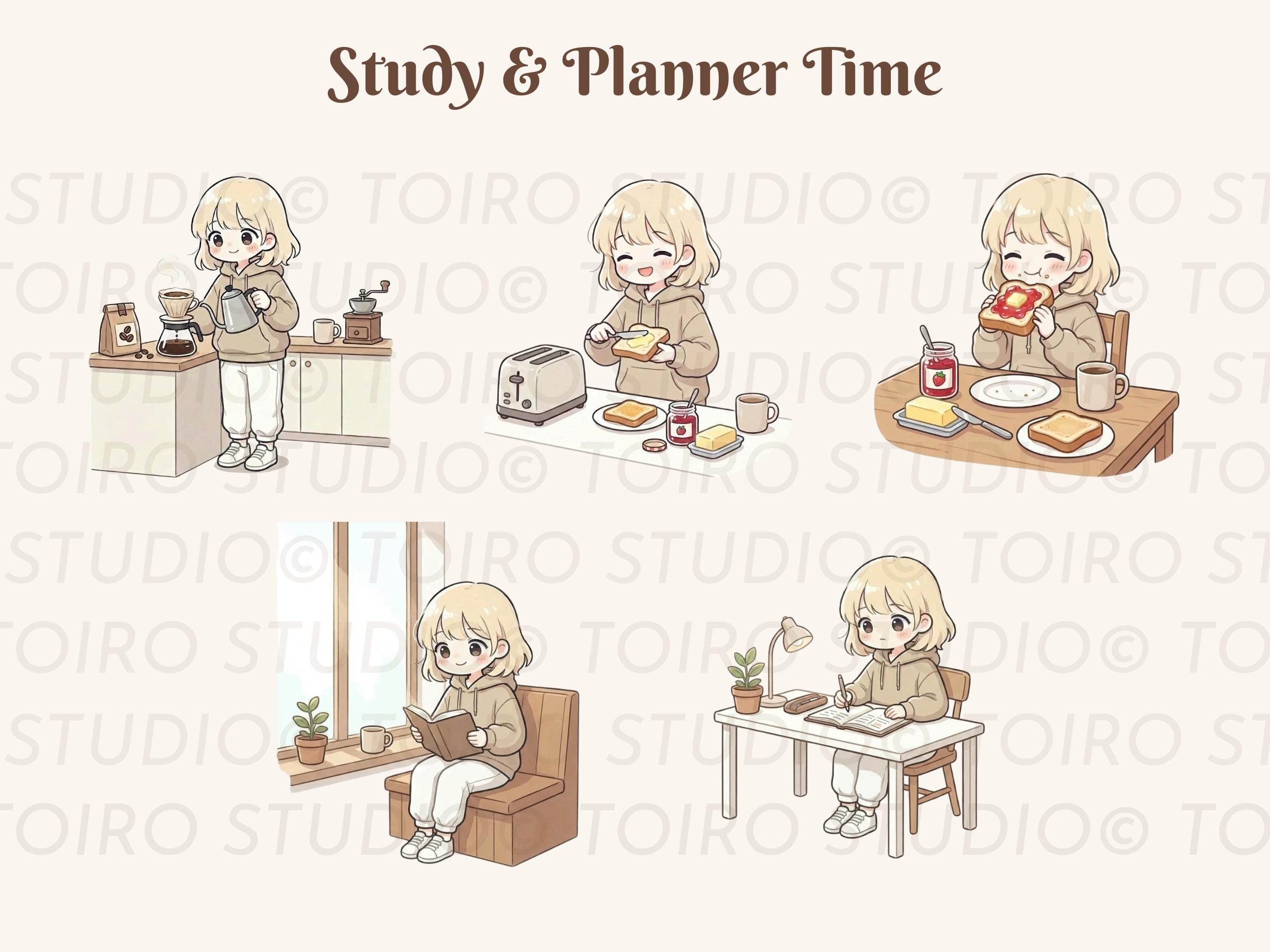 Kawaii Routine Soft Cozy Morning Routine Kawaii Girl Clipart PNG Planner Stickers ...