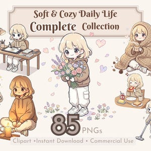 Kawaii-Mädchen-Bundle, Gemütliche Tagesplaner-Sticker, Digitale Journal-Elemente, Kommerzielle Nutzung, 85 Dateien