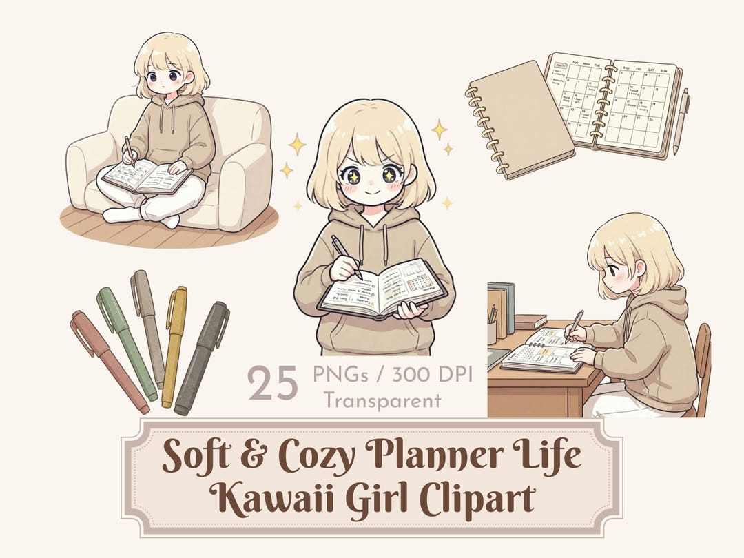 Soft & Cozy Planner Life Kawaii Girl Clipart for Digital Planners ...