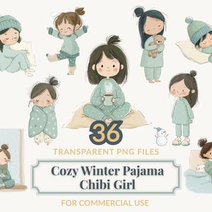 Cozy Winter Chibi Meisje Clipart Set | 36 PNG-bestanden | Schattige Slaapmeisje Illustraties voor Scrapbooking en Journaling