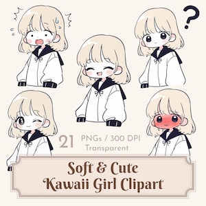 Può includere: Sei illustrazioni di cartoni animati di una ragazza con i capelli biondi, ognuna raffigurante un'emozione diversa. La ragazza indossa una giacca bianca con colletto e fiocco neri. Il testo "Soft & Cute Kawaii Girl Clipart" è visualizzato sotto.