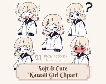 Kawaii Girl Clipart Chibi Anime Girl Expressions PNG for Planner Stickers and Digital Products